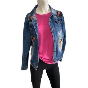 Saks Fifth Avenue Womens Denim Jean Jacket Patches Distressed Large EUC